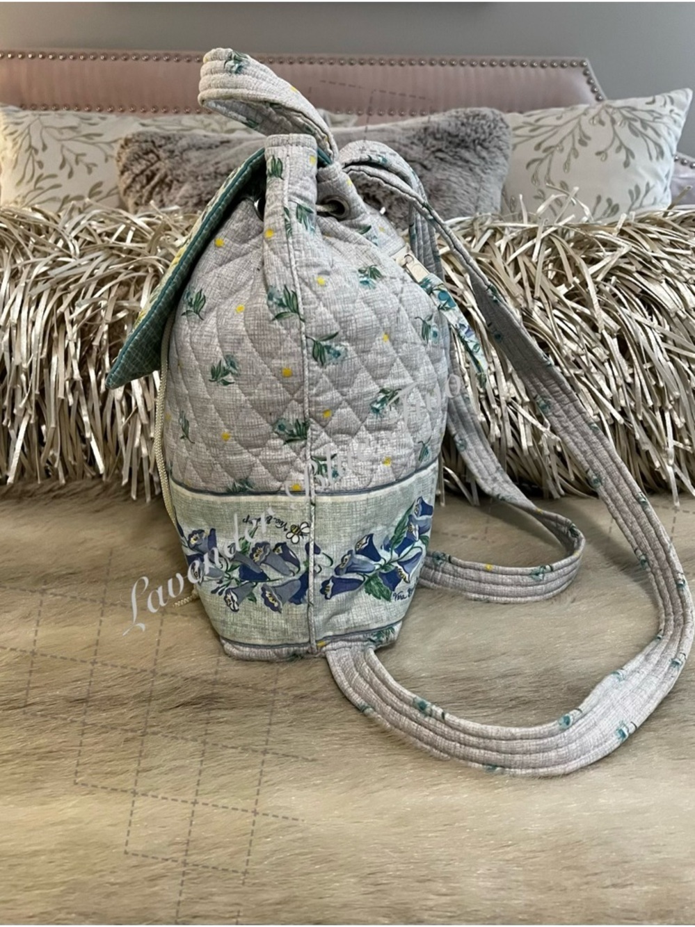 Vintage VERA BRADLEY Watercolor 1999 Mimi Flap Backpack Pastel. Green Floral - Picture 3 of 13